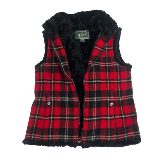 Woolrich Plaid Wool Blend Vest With Faux Fur Lining Red & Black Size Medium - Picture 2 of 9
